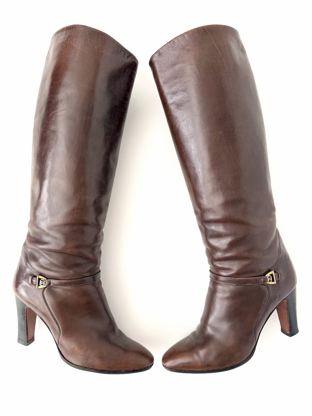 GUCCI | Vintage Brown Leather Knee High GG Logo Heeled Boots EU 38.5